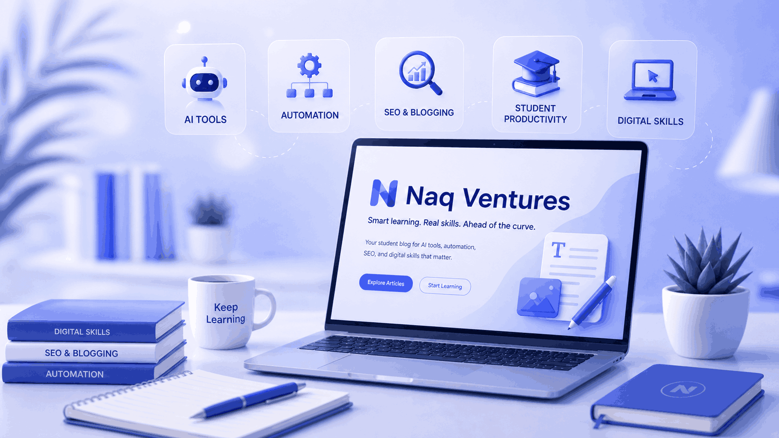 NaqVentures homepage image about students learning AI tools, SEO, automation, and digital skills