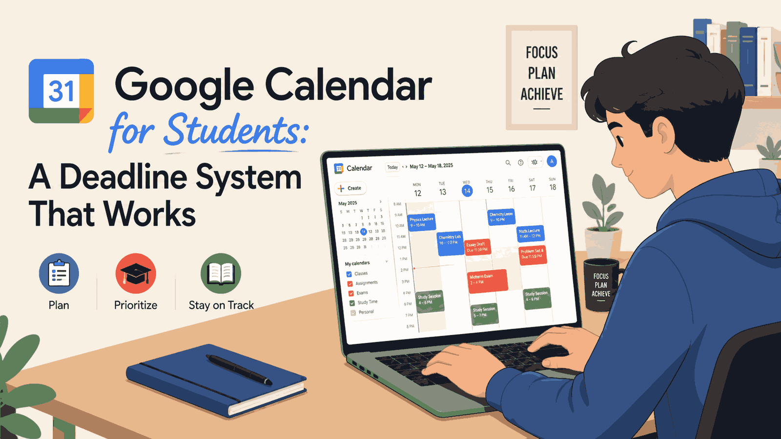 Student using Google Calendar for students to manage university deadlines, exams, and study blocks on a laptop